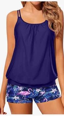 Tempt Me 2 Piece Tankini Swimsuit Blouson Top Flamingo Print Boyshorts